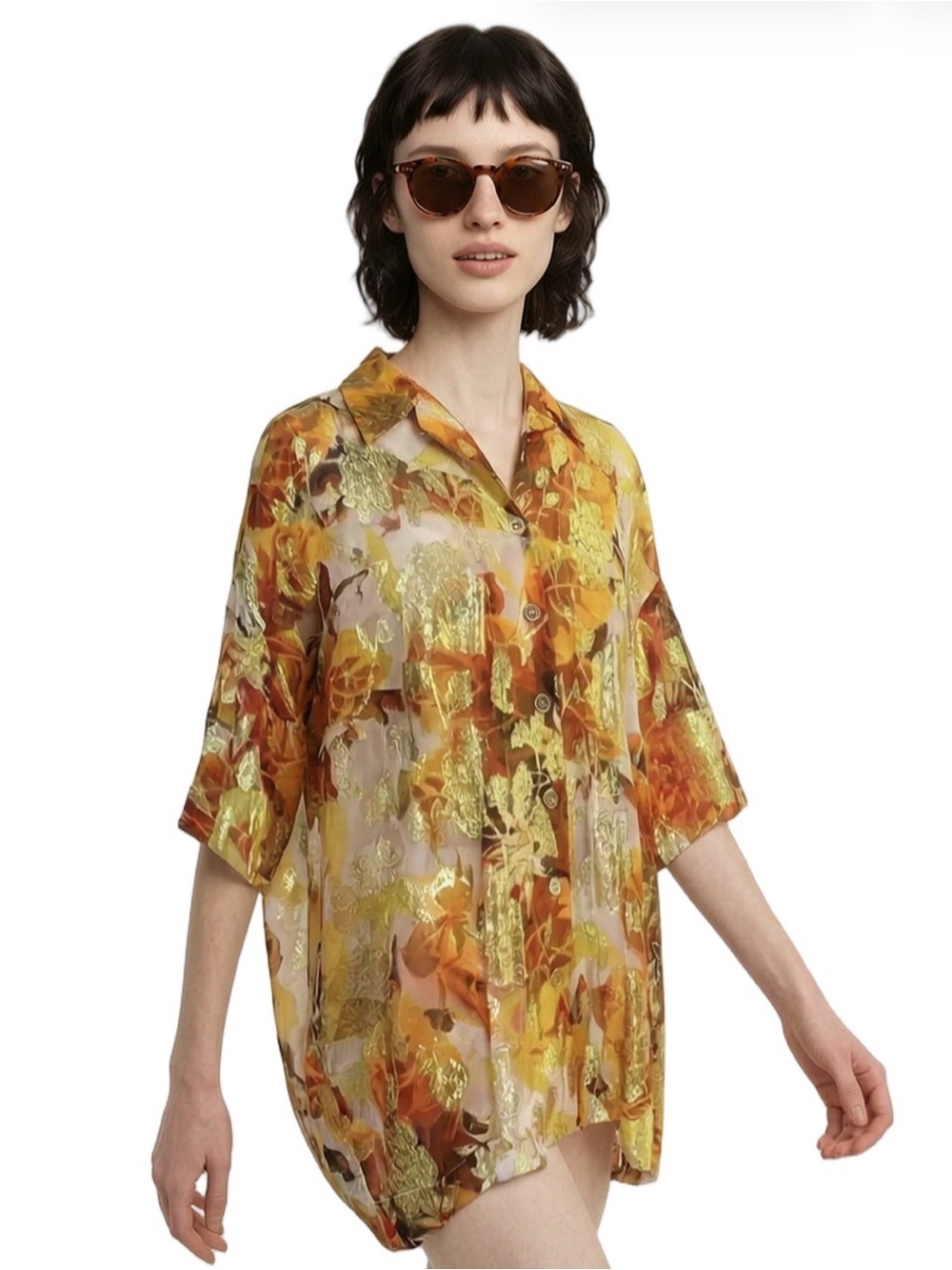 TOPSHOP orange metallic gold sheer short sleeve collared tunic Unique split back - Picture 1 of 14
